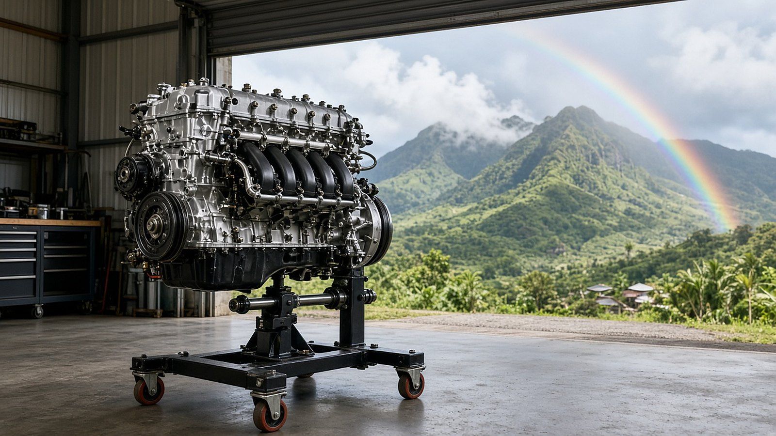 BMW engine on a stand being checked